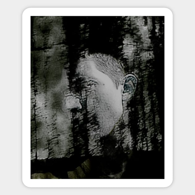 Portrait, digital collage and special processing. Masterpiece. Man looking to car window, reflection. Dim weather, rain. Sticker by 234TeeUser234